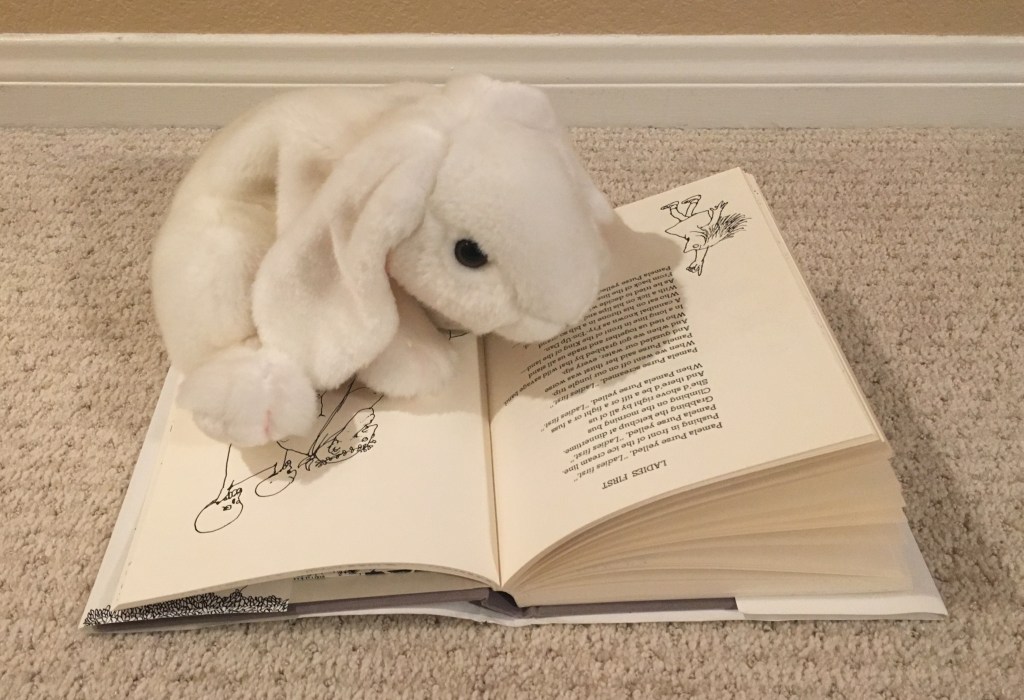 Marshmallow is reading Ladies First by Shel Silverstein in A Light in the Attic.