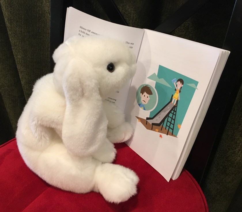 The evil slide and Marshmallow stare at each other! Marshmallow is thinking of trying not to fall down the slide... 