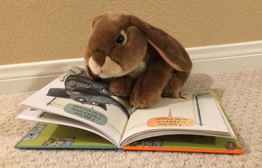 Caramel is reading Harold and Hog Pretend for Real! by Dan Santat.