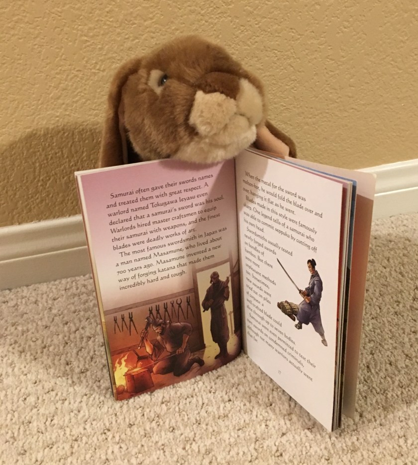 Caramel shows some of the pictures in Samurai by Louie Stowell. 