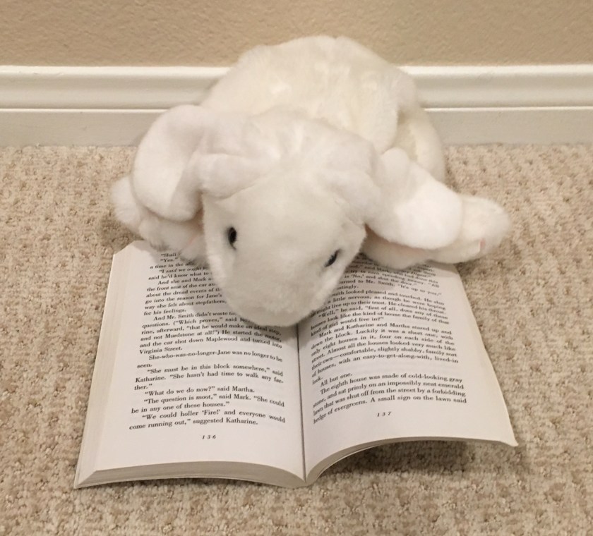 Marshmallow is pointing toward one of her favorite parts of the book, where Jane makes a foolish decision. Here Jane is wishing that she belonged to a different family.