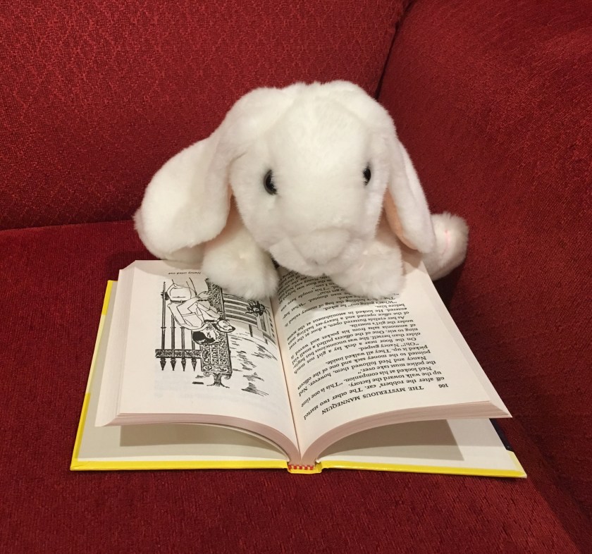 Marshmallow is reading The Mysterious Mannequin by Carolyn Keene (Book #47 of Nancy Drew Detective Stories).