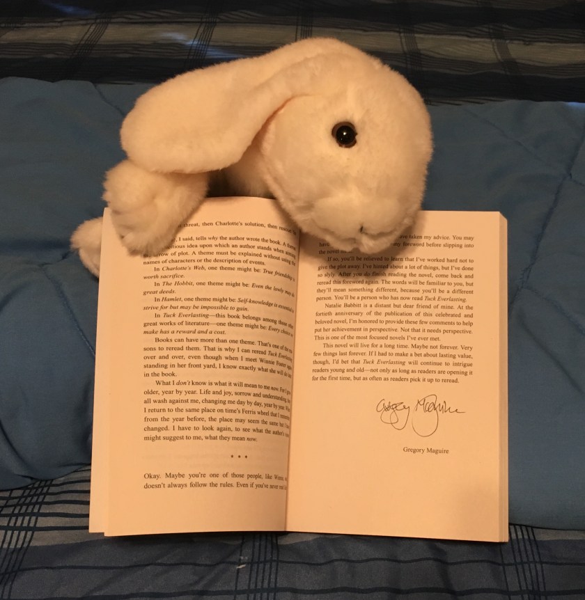 Marshmallow is pointing to the foreword to her edition of Tuck Everlasting, written by Gregory Maguire. Maguire has a convincing argument for rereading good books, which Marshmallow agrees with. 