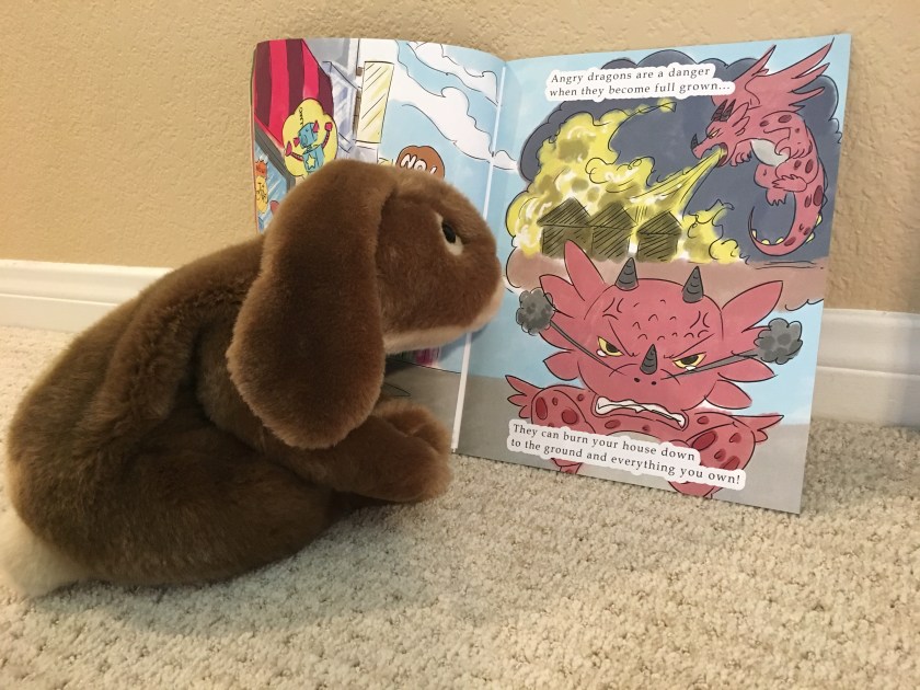 Caramel is looking at one of his favorite pages in Train Your Dragon to Accept NO by Steve Herman, where we learn about what happens when a dragon gets angry and cannot control his emotions. 