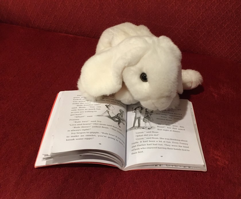 Marshmallow is pointing at the pages in Ivy and Bean Make the Rules where the two girls are listing the rules of their camp, Camp Flaming Arrow. 