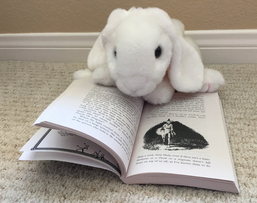 Marshmallow is pointing at Pauline Baynes' illustration of Puddleglum the Marsh-wiggle, a character from The Silver Chair. 