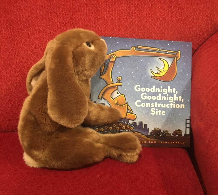 Caramel loves reading Goodnight, Goodnight, Construction Site, written by Sherri Duskey and illustrated by Tom Lichtenheld, before going to sleep.