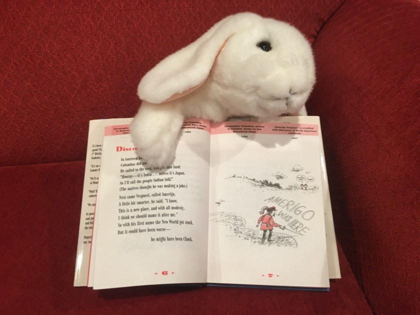 Marshmallow is pointing at one of the poems in BrainJuice: American History, Fresh Squeezed! written in poetic form by Carol Diggory Shields and illustrated by Richard Thompson. This is about Christopher Columbus and his arrival in the Americas. 