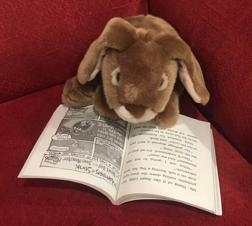 Caramel is reading the page in Stink: The Incredible Shrinking Kid (written by Megan McDonald and illustrated by Peter H. Reynolds) where Stink is introducing us to the Jaws Monster, which is basically the sink that ate up his class pet newt (or rather, his big sister Judy Moody dropped the newt and then it went down the drain). 