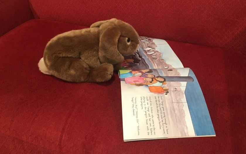 Caramel is looking at the page of And Tango Makes Three, where all penguins are playing together and the zoo guests are cheering them on. 