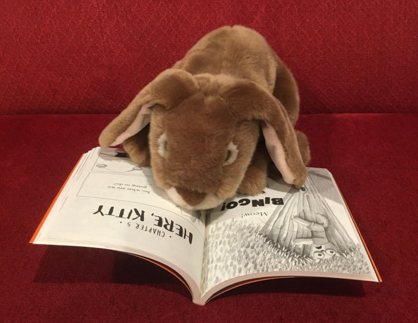 Caramel is looking at the page of Bad Guys by Aaron Blabey, where the not-so-bad bad guys are trying to save a kitty.