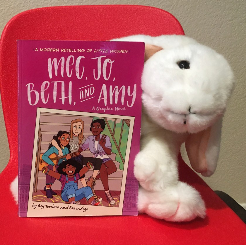Marshmallow reviews Meg, Jo, Beth, and Amy: A Graphic Novel, written by Rey Terciero and illustrated by Bre Indigo.