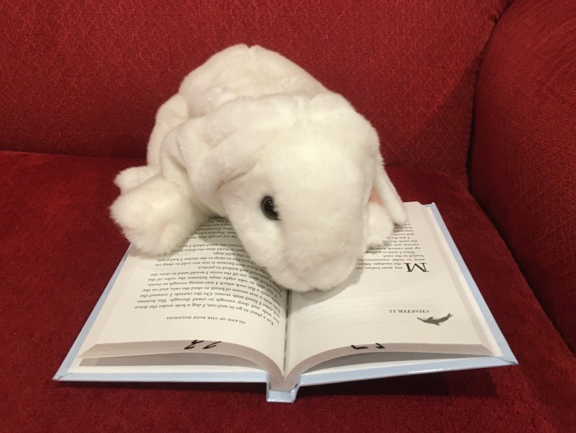 Marshmallow is reading Island of the Blue Dolphins by Scott O'Dell. 