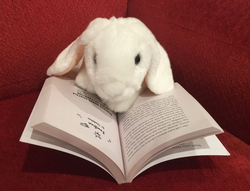 Marshmallow is reading The Unteachables by Gordon Korman. 