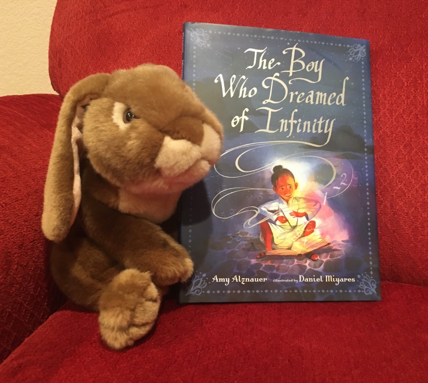 Caramel enjoyed reading The Boy Who Dreamed of Infinity, written by Amy Alznauer and illustrated by Daniel Miyares, and recommends it to all little bunnies. 