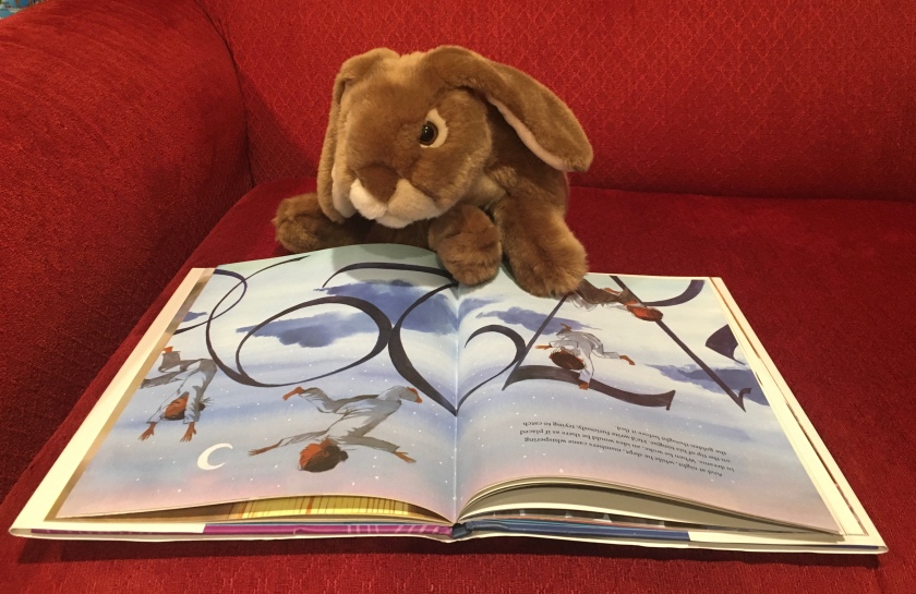 Caramel is reading The Boy Who Dreamed of Infinity, written by Amy Alznauer and illustrated by Daniel Miyares. These pages are about the nights when "while he slept, numbers came whispering in dreams."