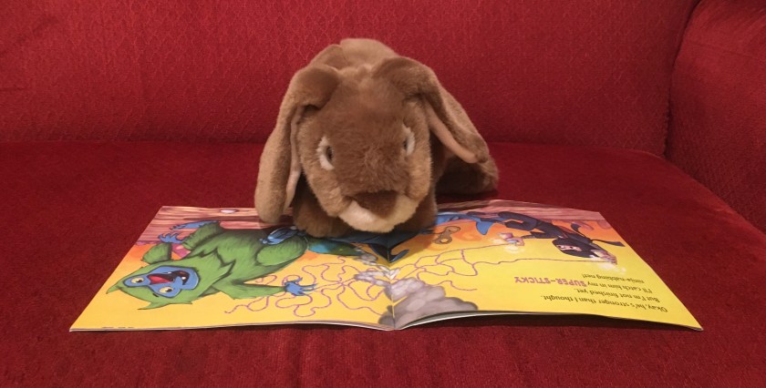 Caramel is reading How to Catch a Monster by Adam Wallace and Andy Elkerton. He is on the pages where the boy who is narrating the story is trying to catch the monster in his closet using his "super-sticky ninja-nabbing net". 