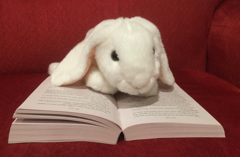 Marshmallow is reading The Mark of Athena (Book 3 of the Heroes of Olympus Series) by Rick Riordan.