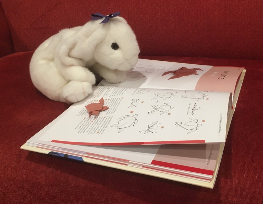 Marshmallow and Turtle are looking at the directions to make a sea turtle in Akira Yoshizawa: Japan’s Greatest Origami Master, with text, diagrams, and models by Akira Yoshizawa.