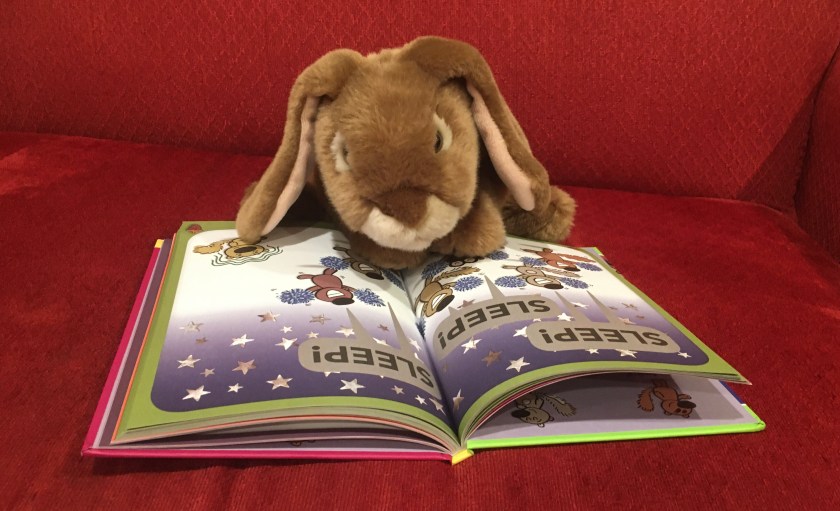 Caramel is reading I Want to Sleep Under the Stars! by Mo Willems. In these two pages, Zoom Squirrel is trying to sleep while her friends are trying to "encourage" her to sleep.