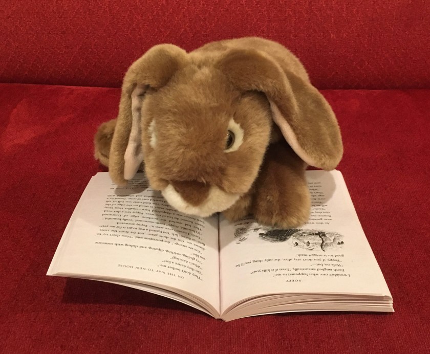 Caramel is reading Poppy, written by Avi and illustrated by Brian Floca.