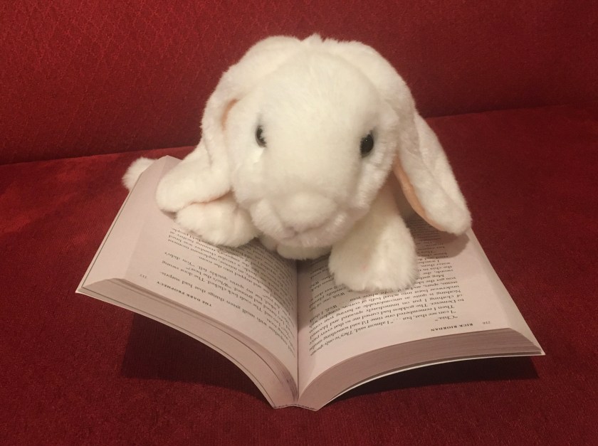 Marshmallow is reading The Dark Prophecy (Book 2 of the Trials of Apollo Series) by Rick Riordan