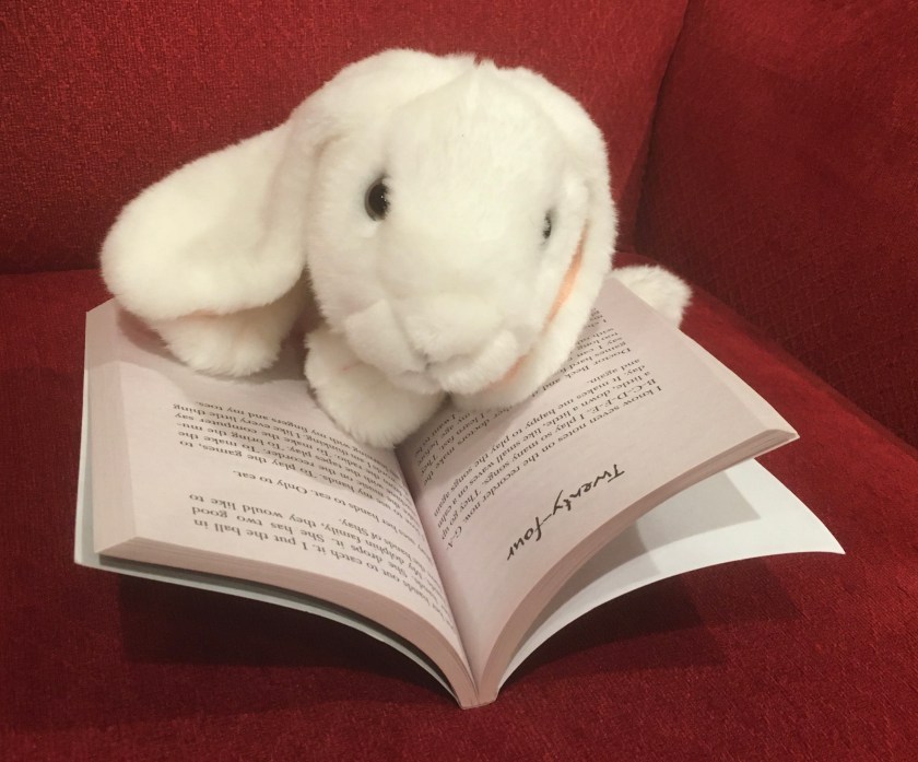 Marshmallow is reading The Music of Dolphins by Karen Hesse.