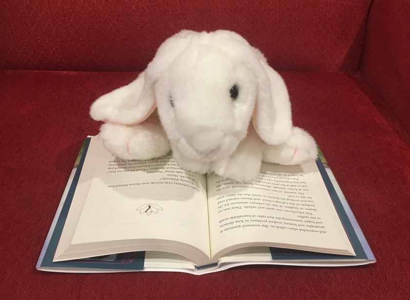 Marshmallow is reading Prairie Lotus by Linda Sue Park.