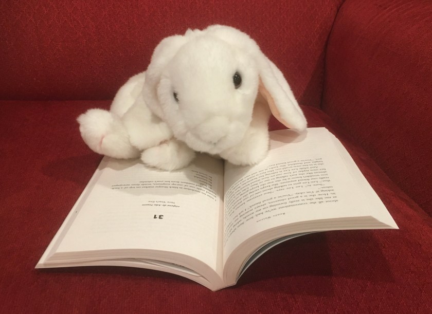 Marshmallow is reading Piecing Me Together by Renée Watson.