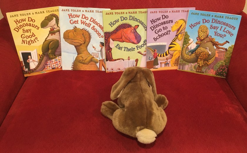 Caramel has enjoyed reading and rereading How Do Dinosaurs Say Good Night? (2000), How Do Dinosaurs Get Well Soon? (2003), How Do Dinosaurs Eat Their Food? (2005), How Do Dinosaurs Go To School? (2007), and How Do Dinosaurs Say I Love You? (2009), all written by Jane Yolen and illustrated by Mark Teague, through the years. He recommends these books to the all the little bunnies who love dinosaurs and their parent bunnies who love to read with them. 