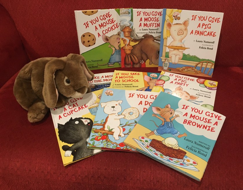 Caramel has loved reading If You Give a Mouse a Cookie (1985), If You Give a Moose a Muffin (1991), If You Give a Pig a Pancake (1998), If You Take a Mouse to the Movies (2000), If You Take a Mouse to School (2002), If You Give a Pig a Party (2004), If You Give a Cat a Cupcake (2008), If You Give a Dog a Donut (2011), and If You Give a Mouse a Brownie (2016), all written by Laura Numeroff and illustrated by Felicia Bond, through the years, and recommends them to all little bunnies and their grownups who love reading with them. 