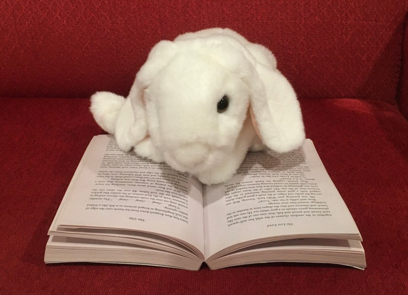 Marshmallow is reading Silver on the Tree by Susan Cooper.