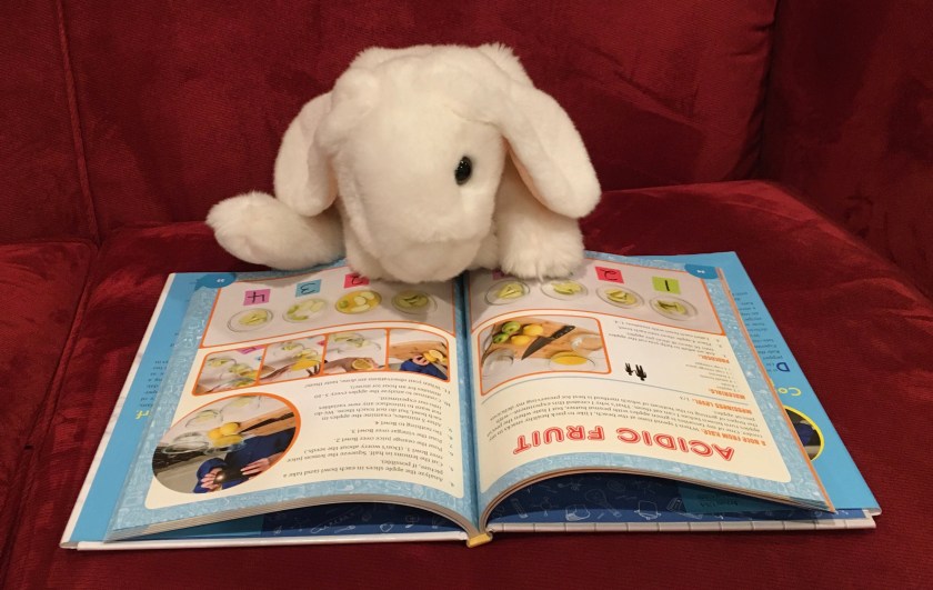 Marshmallow is reading about the acidity of different fruits in The Awesome Book of Edible Experiments for Kids by Kate Biberdorf. 