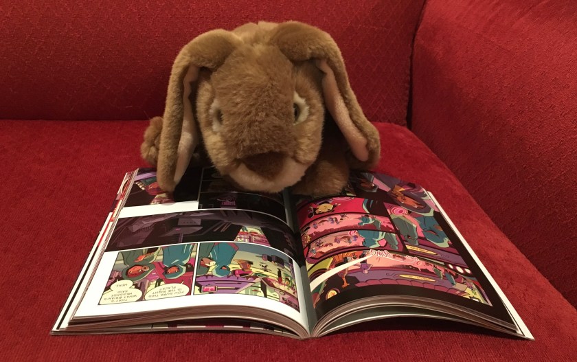 Caramel is reading Cleopatra in Space: Fallen Empires by Mike Maihack.
