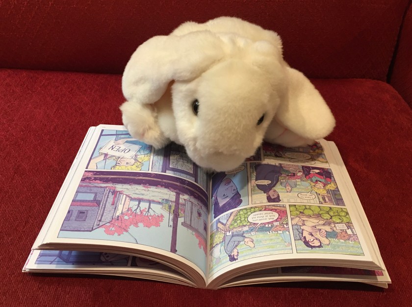 Marshmallow is reading Sheets by Brenna Thummler.