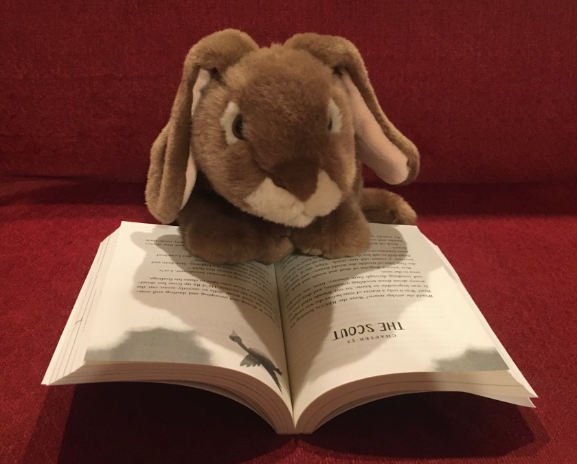 Caramel is reading The Wild Robot Escapes by Peter Brown.