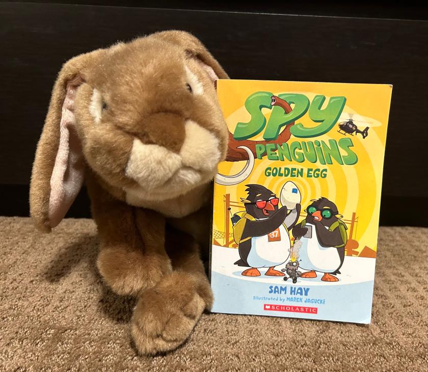 Caramel enjoyed reading Spy Penguins: Golden Egg, written by Sam Hay and illustrated by Marek Jagucki, and he is hoping that these two fun-loving penguins will have many more adventures together. 