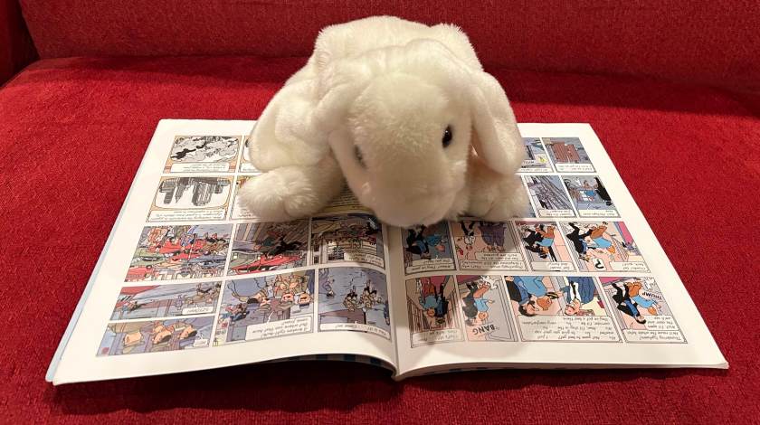 Marshmallow is reading The Adventures of Tintin: The Calculus Affair by Hergé.