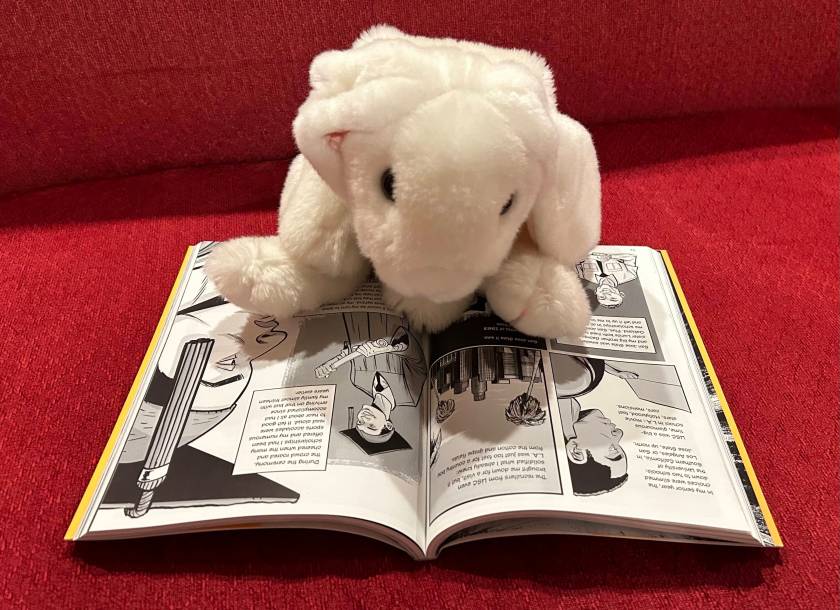 Marshmallow is reading Victory. Stand! Raising My Fist for Justice, by Tommie Smith, written together with Derrick Barnes and illustrated by Dawud Anyabwile.