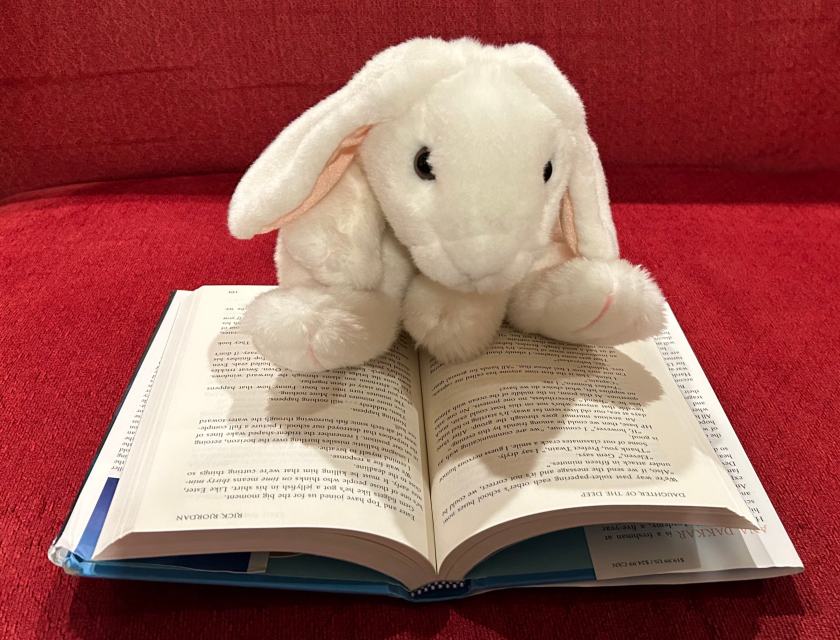 Marshmallow is reading Daughter of the Deep by Rick Riordan.