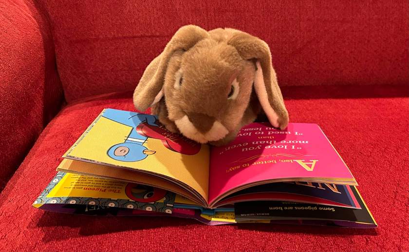 Caramel is reading Be The Bus: The Lost & Profound Wisdom of the Pigeon as told to Mo Willems, by Mo Willems.