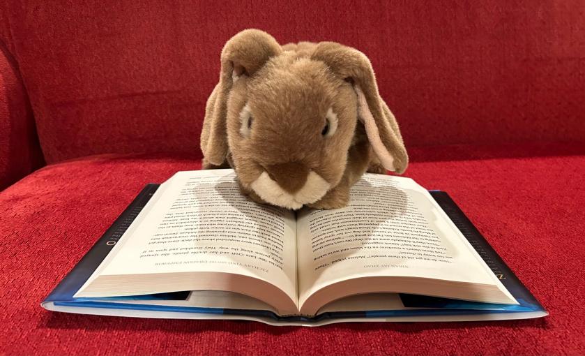 Caramel is reading Zachary Ying and the Dragon Emperor by Xiran Jay Zhao.