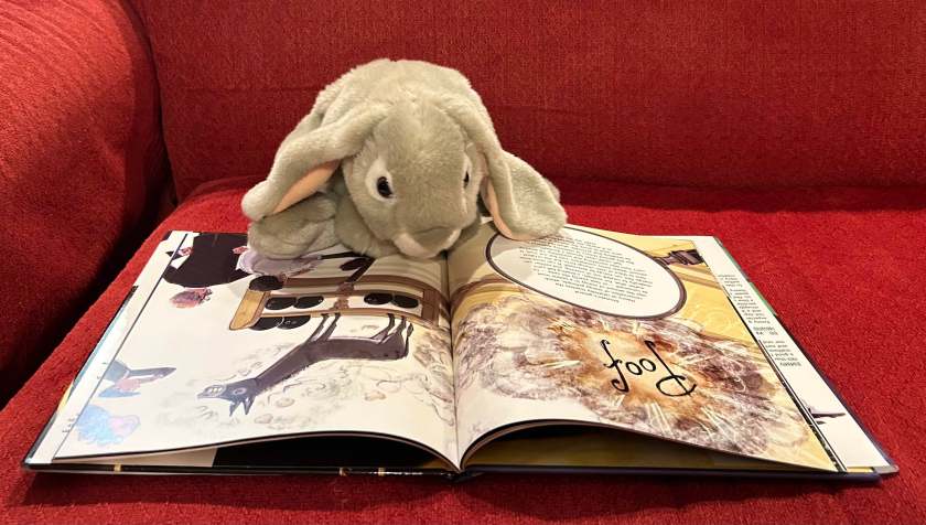 Sprinkles is reading Emmy Noether: The Most Important Mathematician You've Never Heard Of, written by Helaine Becker and illustrated by Kari Rust.