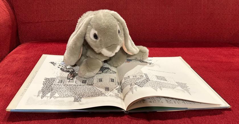 Sprinkles is reading Stopping by Woods on a Snowy Evening, written by Robert Frost and illustrated by Susan Jeffers. Here she is looking at the two-page spread where the narrator of the poem is saying, "But I have promises to keep."