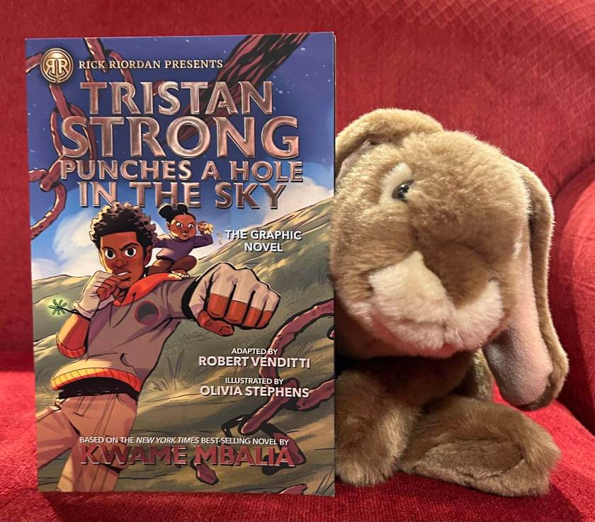 Caramel enjoyed reading Tristan Strong Punches a Hole in the Sky: The Graphic Novel, written by Kwame Mbalia, adapted by Robert Venditti, and illustrated by Olivia Stephens, and eager to read more.