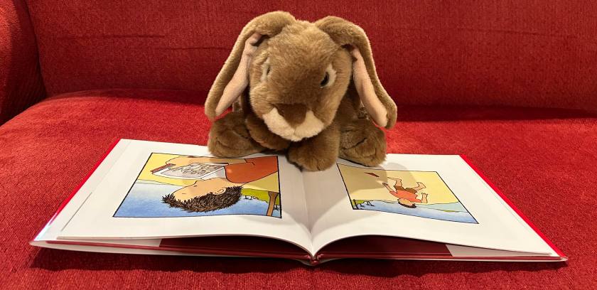 Caramel is reading The Red Book by Barbara Lehman.