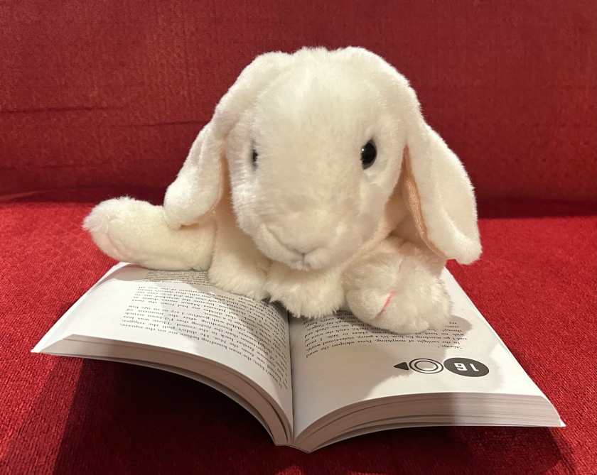 Marshmallow is reading Mockingjay by Suzanne Collins.
