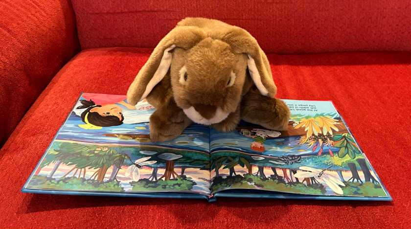 Caramel is reading Blink and Glow, written by Raven Howell and illustrated by Ann Pilicer.