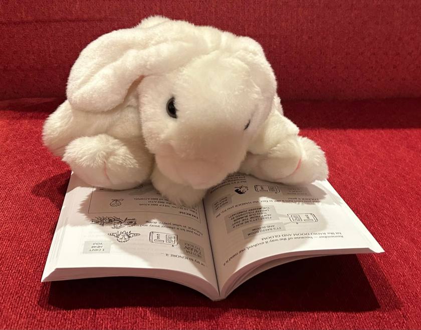 Marshmallow is reading The Illustrated Happiness Trap by Russ Harris and Bev Aisbett.