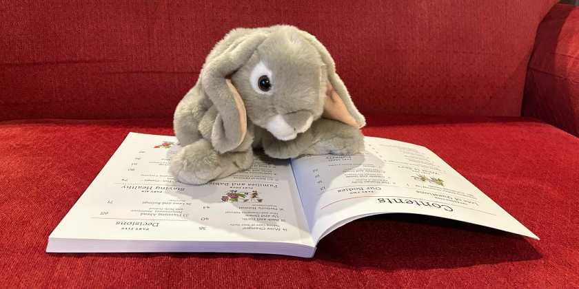 Sprinkles is reading It's Perfectly Normal: Changing Bodies, Growing Up, Sex, and Sexual Health, written by Robie H. Harris and illustrated by Michael Emberley. 